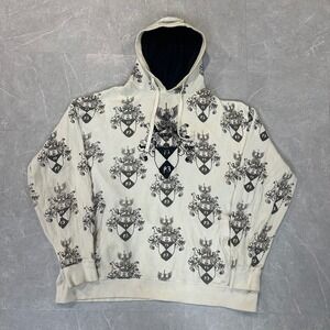 Fusion Mens 2XLT Waffle Knit Thermal Hoodie All Over Crest Print Y2K Cream